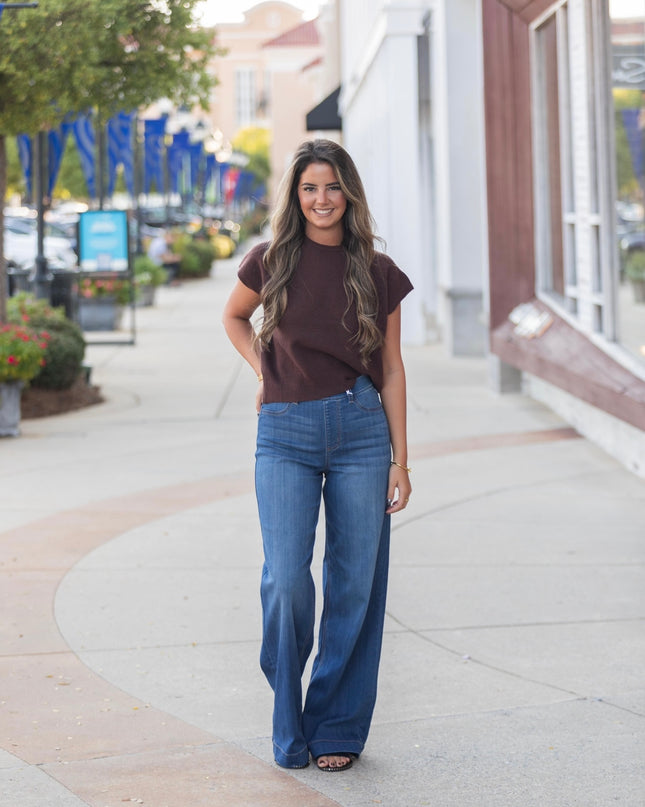 High Rise Pull-On Wide Leg Jeans - Med. Denim