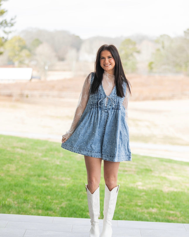 Pleated Pearl Denim Romper - Medium Wash