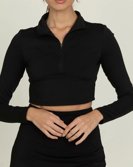Gold Hinge - Black Athletic Half Zip Crop Top