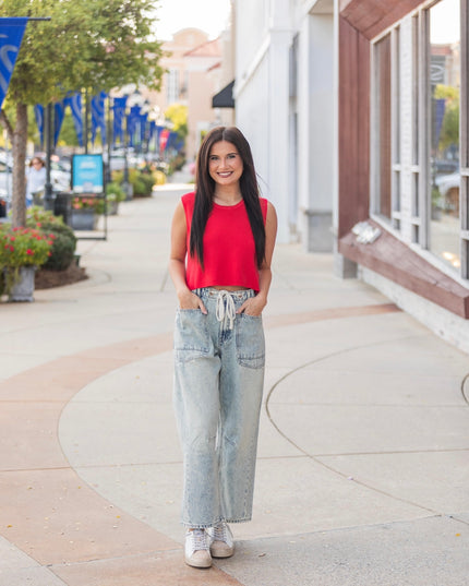 Front Tie Washed Denim Pants