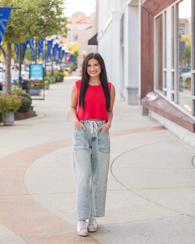 Front Tie Washed Denim Pants