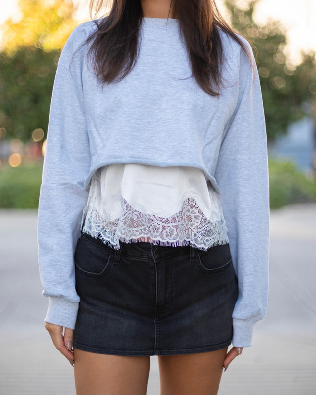 Lace Trim Sweatshirt - Grey