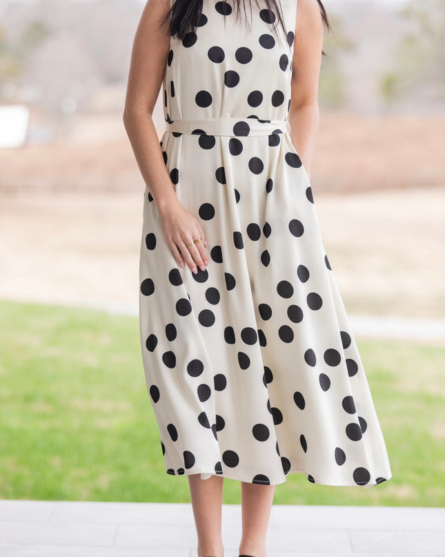 Parisian Polka Tie Waist Midi Dress - Black/White