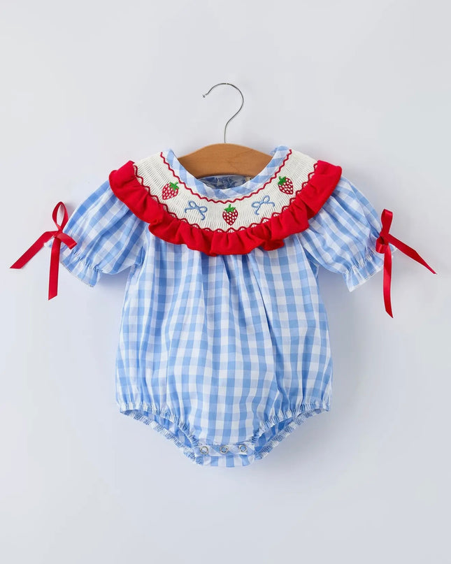 Girls Summer Strawberry Romper - Blue