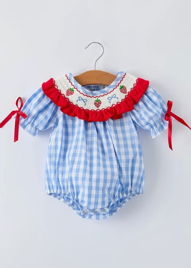 Girls Summer Strawberry Romper - Blue