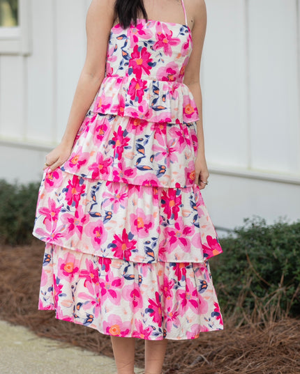 Floral Print Open Back Dress - Pink