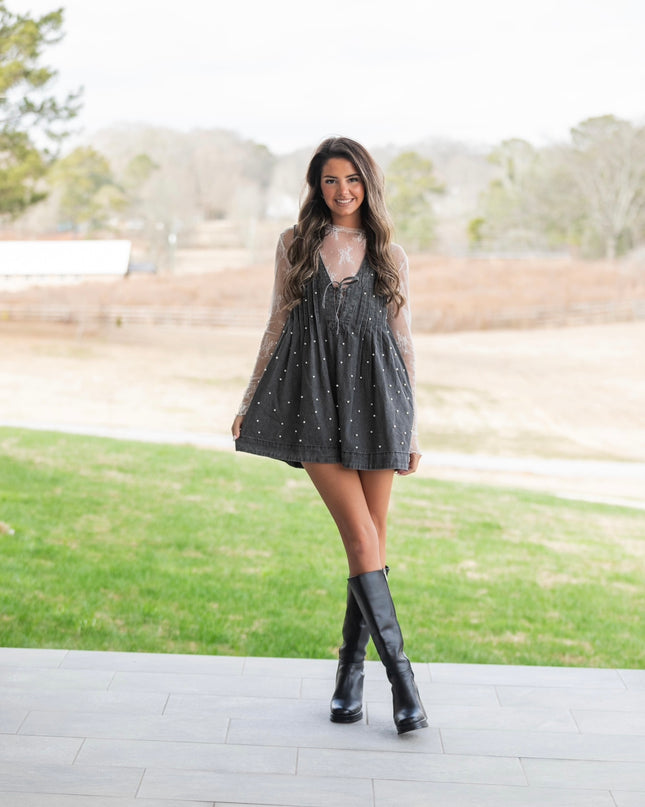 Pleated Pearl Denim Romper - Black