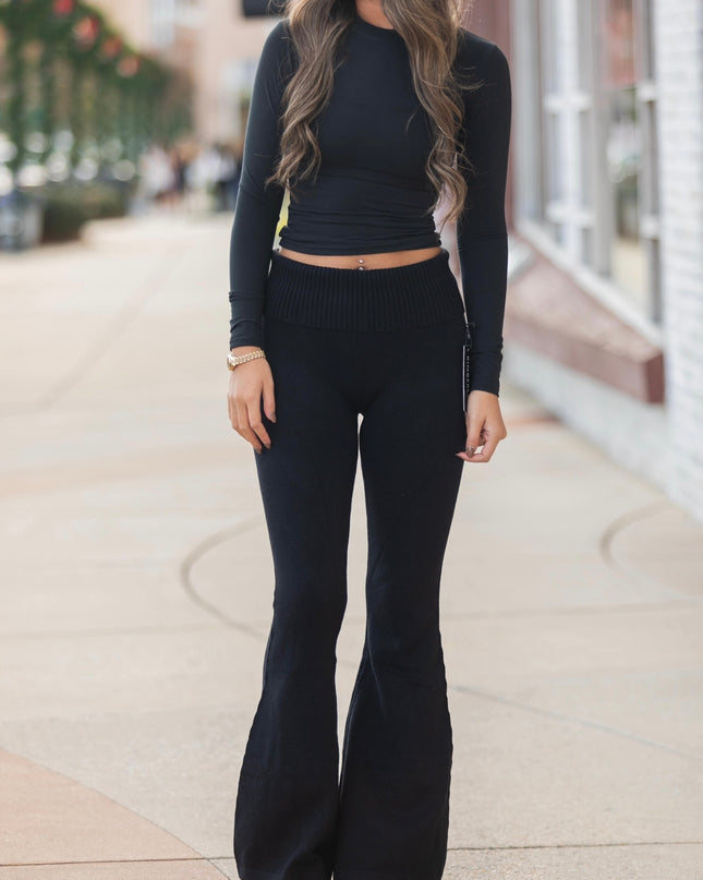 Foldover Flare Knit Sweater Pants - Black