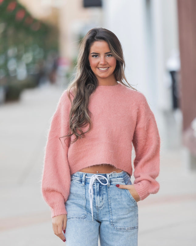 Wool Blend Cropped Sweater - Rose