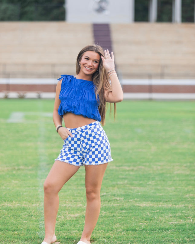 Checkered Fray Shorts - Blue