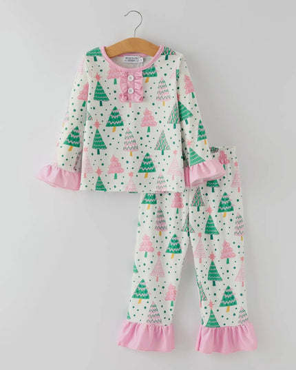 Christmas Tree Ruffle Girls Pajama Set