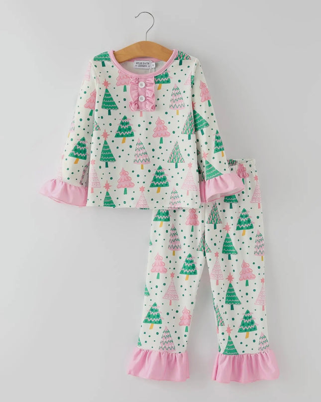 Christmas Tree Ruffle Girls Pajama Set