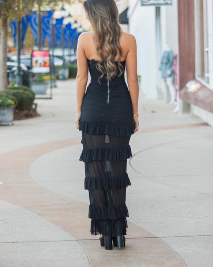 Ruffle Maxi Corset Dress - Black