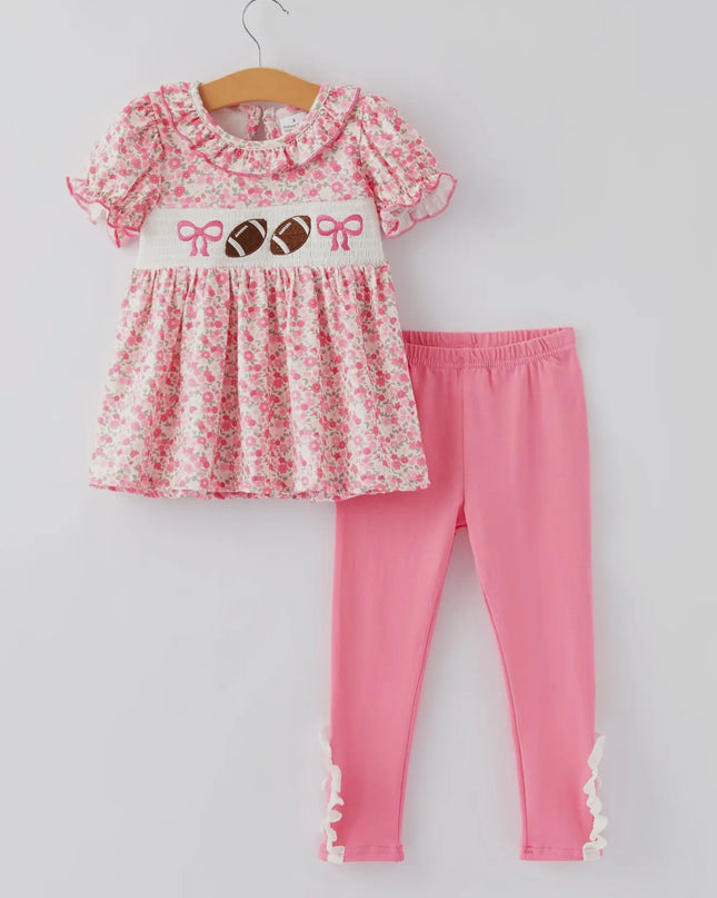 Football Smocking Bow Embroidered Girls Outfit