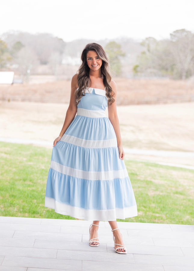 Blues & Bows Dress - Light Blue/White