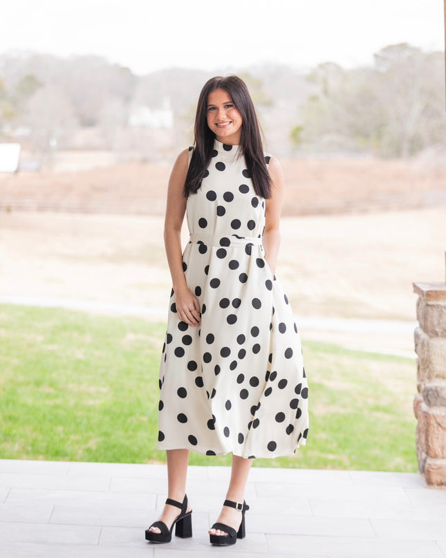 Parisian Polka Tie Waist Midi Dress - Black/White