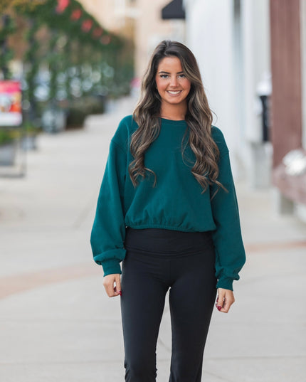 Elastic Hem Cropped Sweatshirt - Deep Green