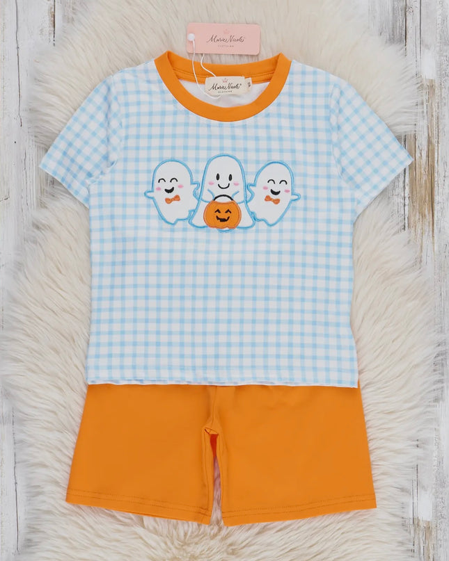 Plaid Embroidered Ghost Pals Shirt - Blue