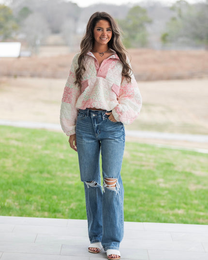 Pink Patchwork Sweater - Pink/White