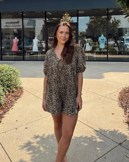 Leopard Print Denim Romper - Brown