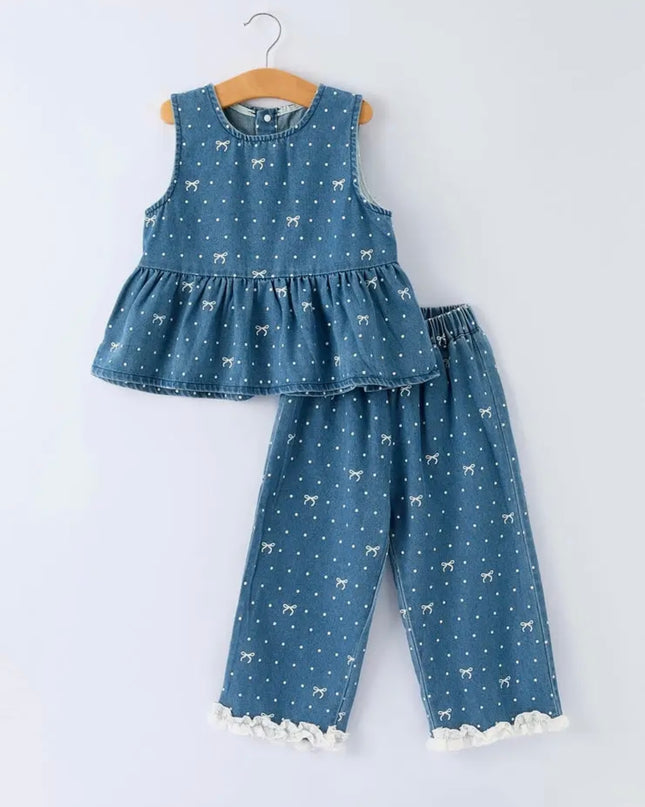 Girls Bow Dot Denim Set