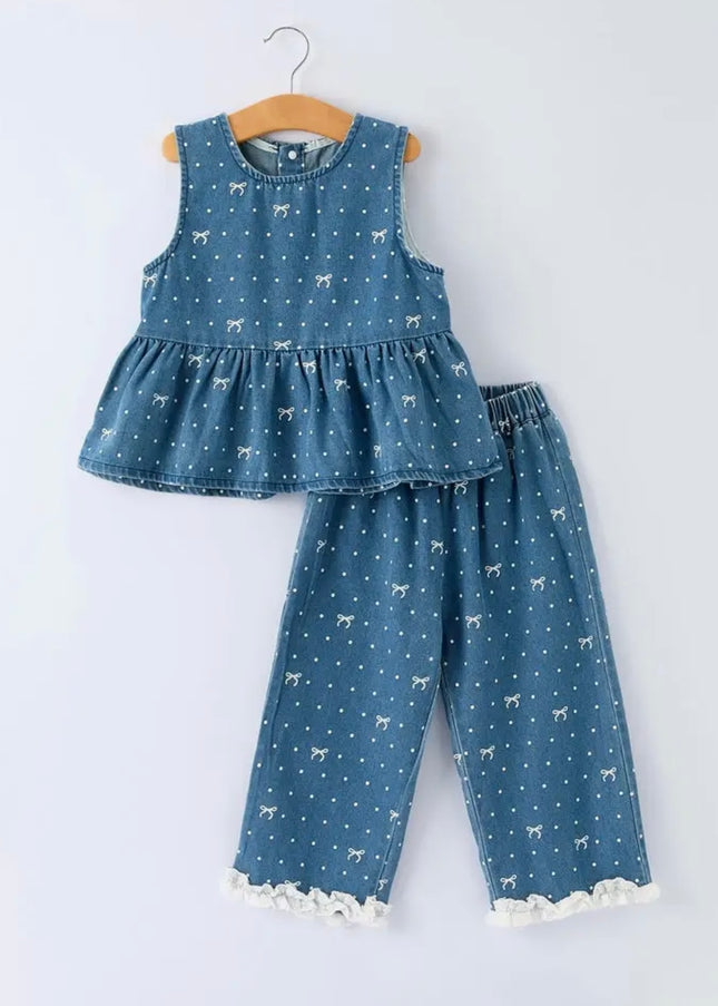 Girls Bow Dot Denim Set