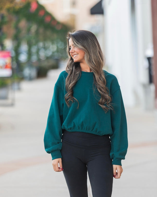 Elastic Hem Cropped Sweatshirt - Deep Green