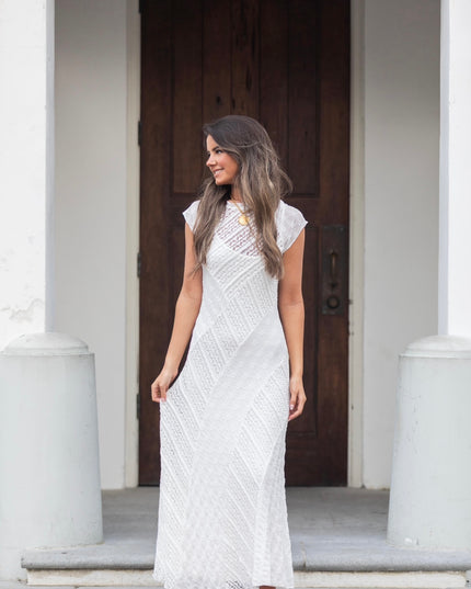 Cap Sleeve Mixed Lace Dress - White