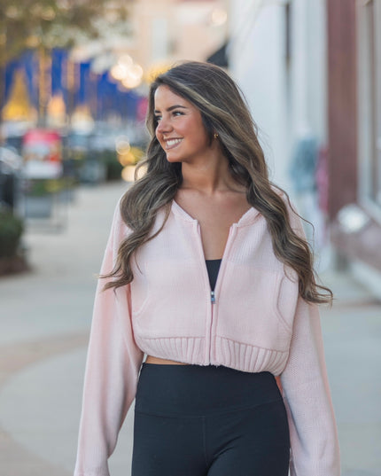 Knit Zip Up Hoodie - Pink