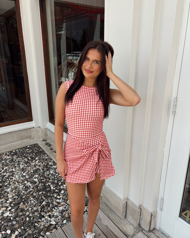 Gingham Wrap Tie Dress - Red