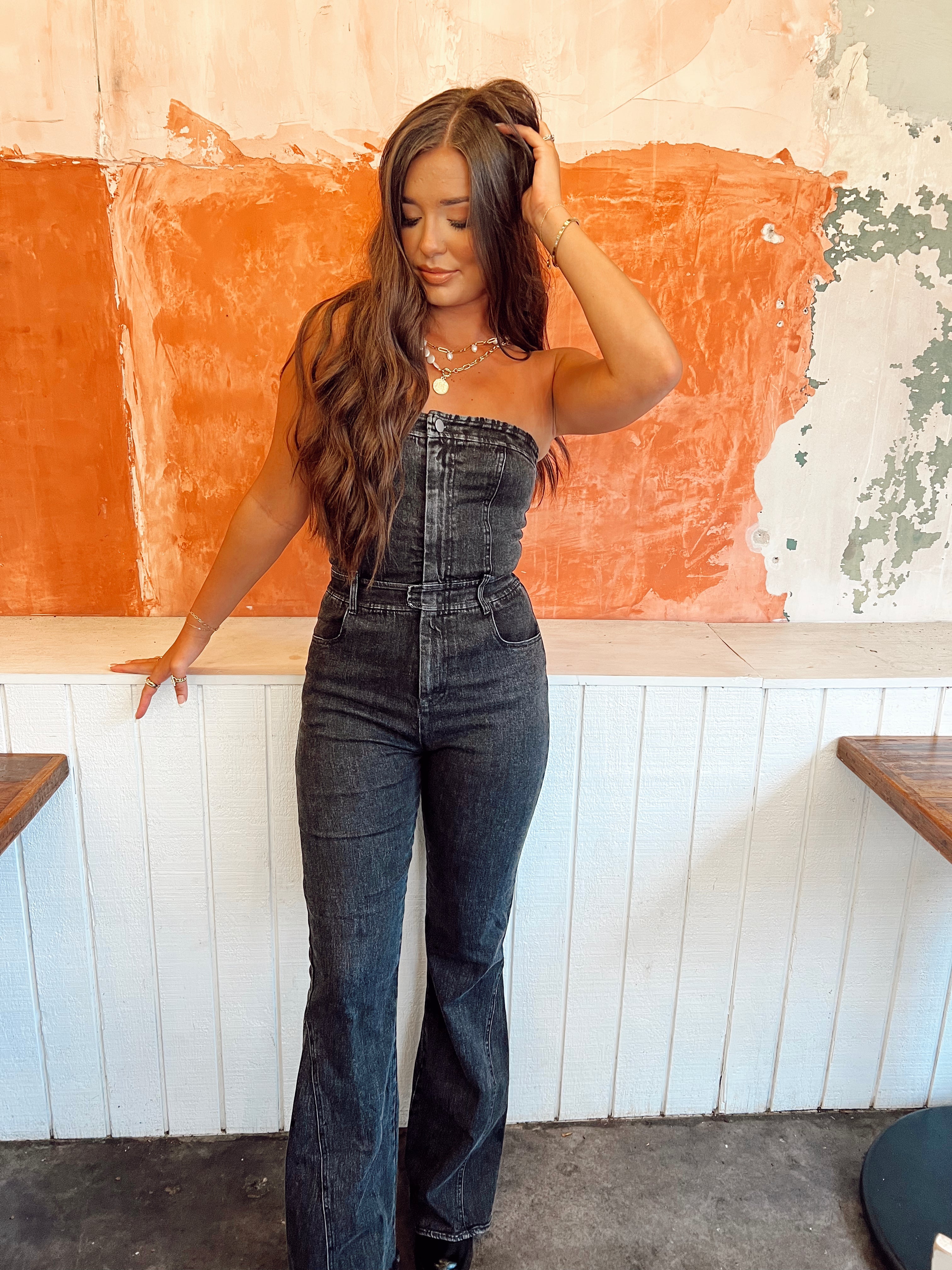 BLACK DENIM FLARED JUMPSUIT