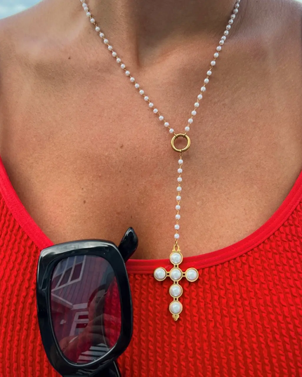 Lariat Pearl Cross Necklace